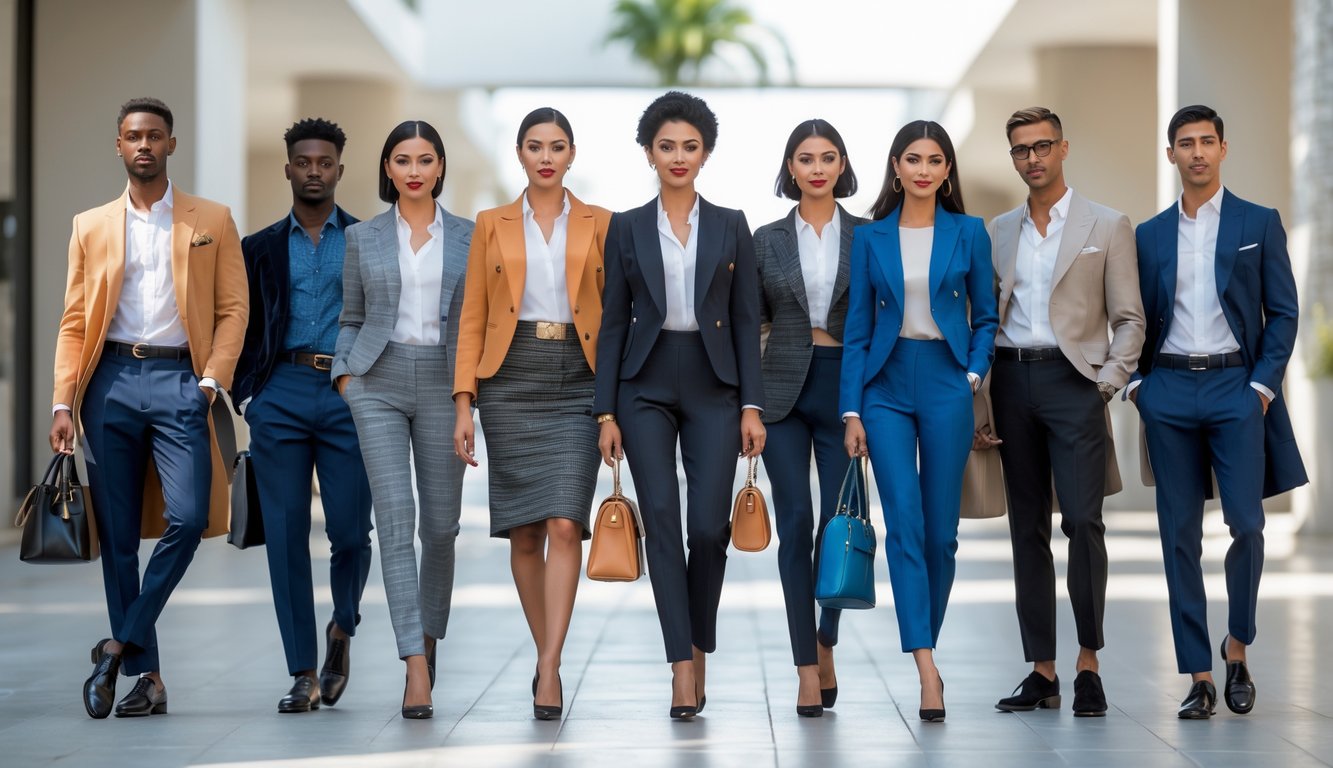 Sekelompok pria dan wanita mengenakan berbagai pakaian modis di lingkungan perkotaan yang modern.