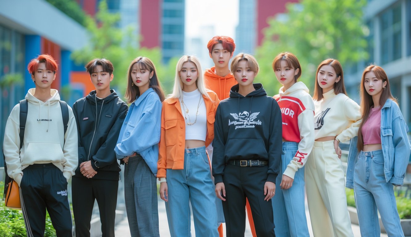Sekelompok anak muda sedang berdiri dan berinteraksi di luar ruangan dengan pakaian modis dan trendi di latar belakang kota.