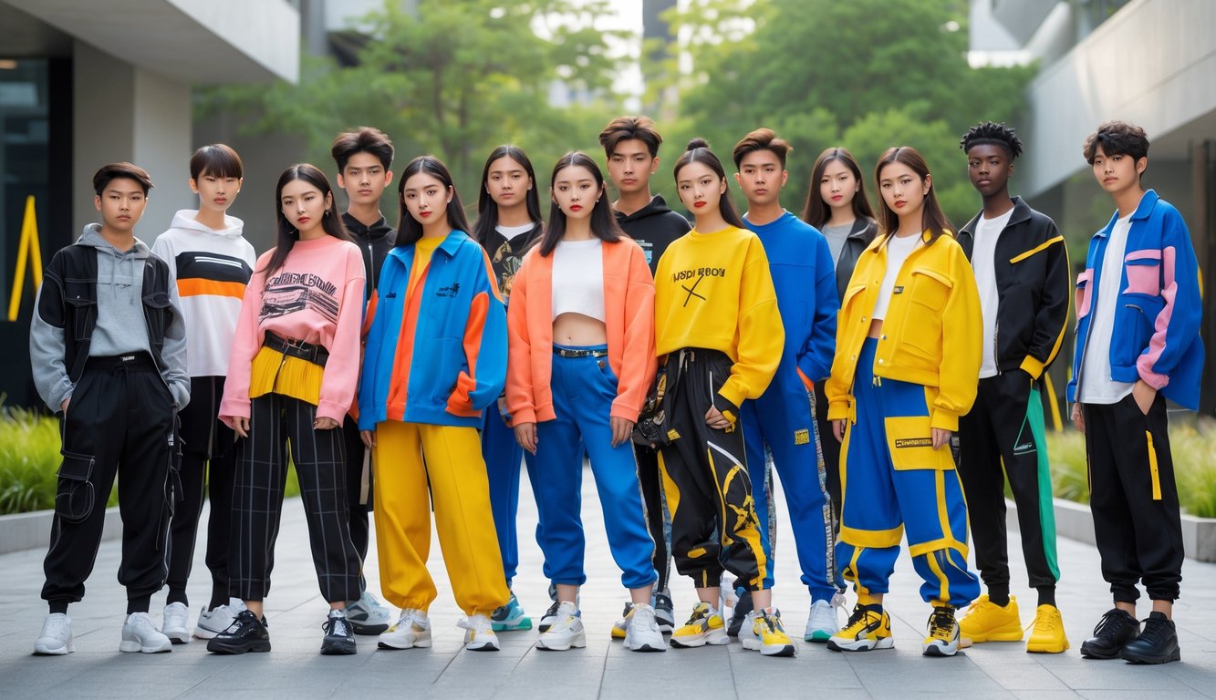 Sekelompok anak muda bergaya dengan pakaian trendi di lingkungan perkotaan modern.