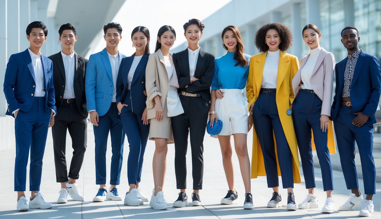 Sekelompok pria dan wanita mengenakan pakaian modern berdiri bersama di lingkungan perkotaan yang cerah.