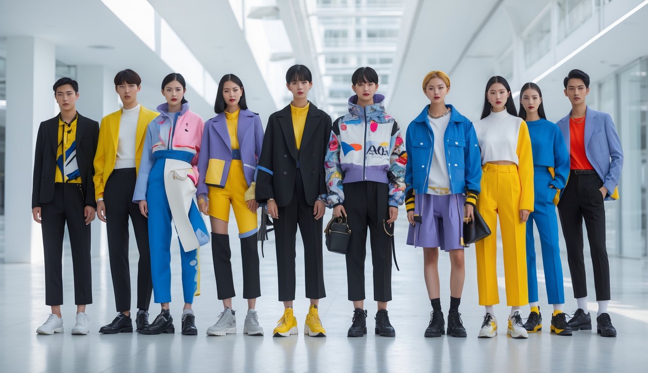 Sekelompok pria dan wanita mengenakan pakaian modis terbaru tahun 2026 berpose di lingkungan perkotaan yang modern.