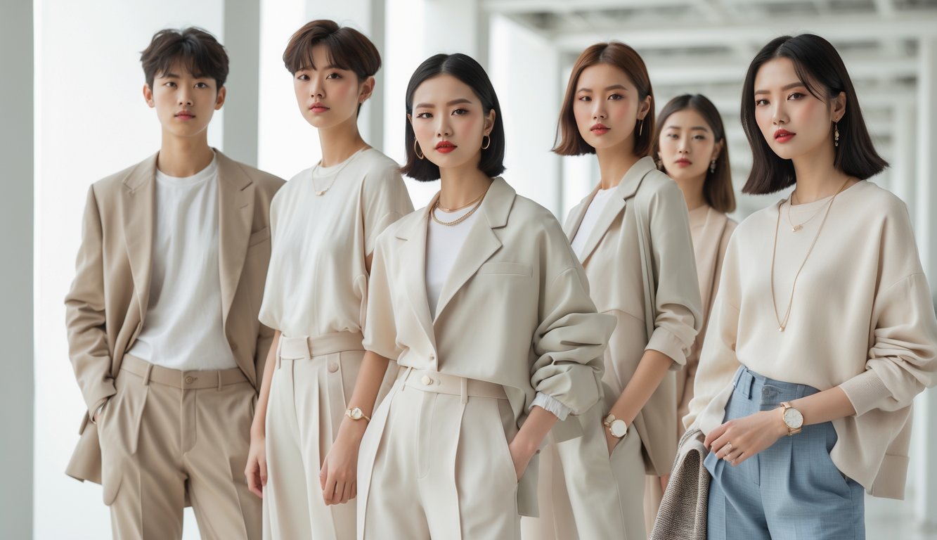 Sekelompok orang muda mengenakan pakaian modis sederhana dan elegan sedang berdiri di lingkungan perkotaan yang modern.