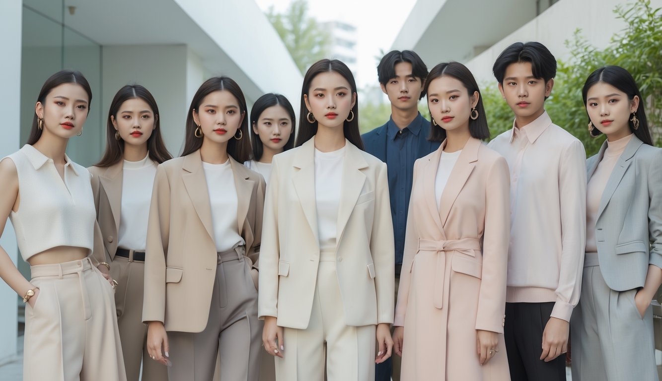 Sekelompok orang muda dengan pakaian sederhana namun elegan sedang berpose di lingkungan perkotaan modern.