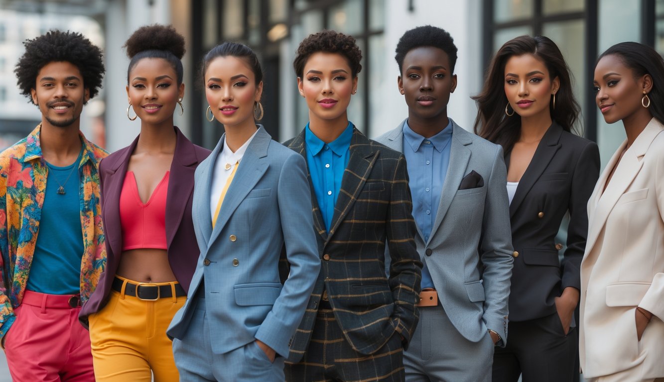 Sekelompok orang muda mengenakan berbagai pakaian untuk hangout, kerja, dan acara formal di latar kota.