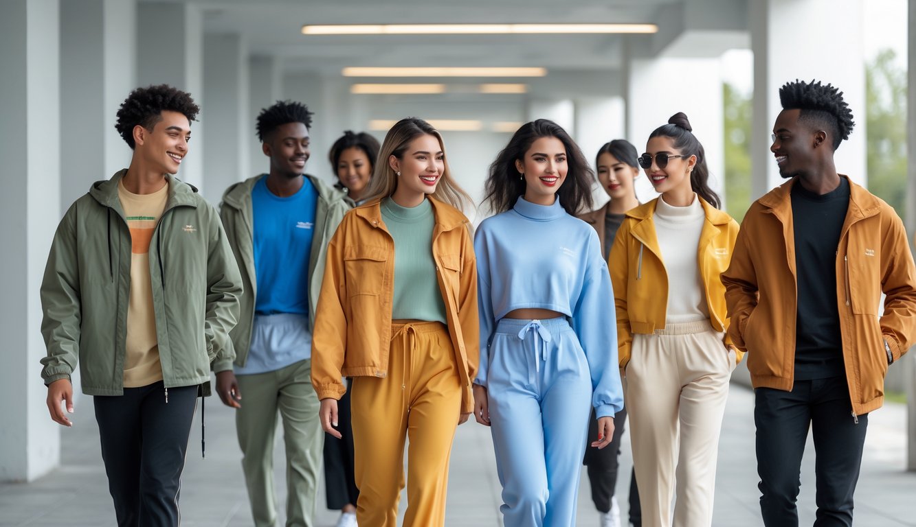 Sekelompok orang muda mengenakan berbagai pakaian modis dan nyaman sedang berjalan dan tersenyum di lingkungan perkotaan.
