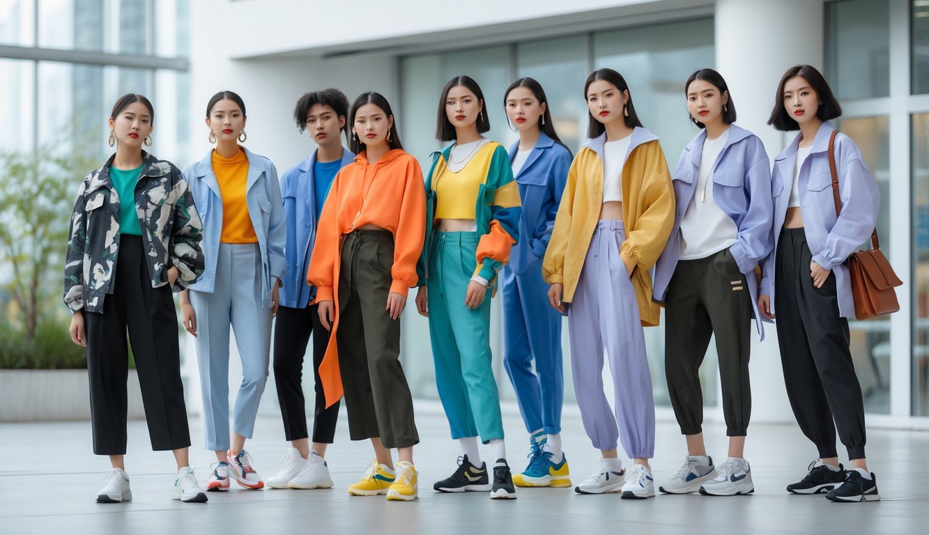 Sekelompok orang muda mengenakan pakaian modis terbaik tahun 2026 sedang berpose di lingkungan perkotaan.