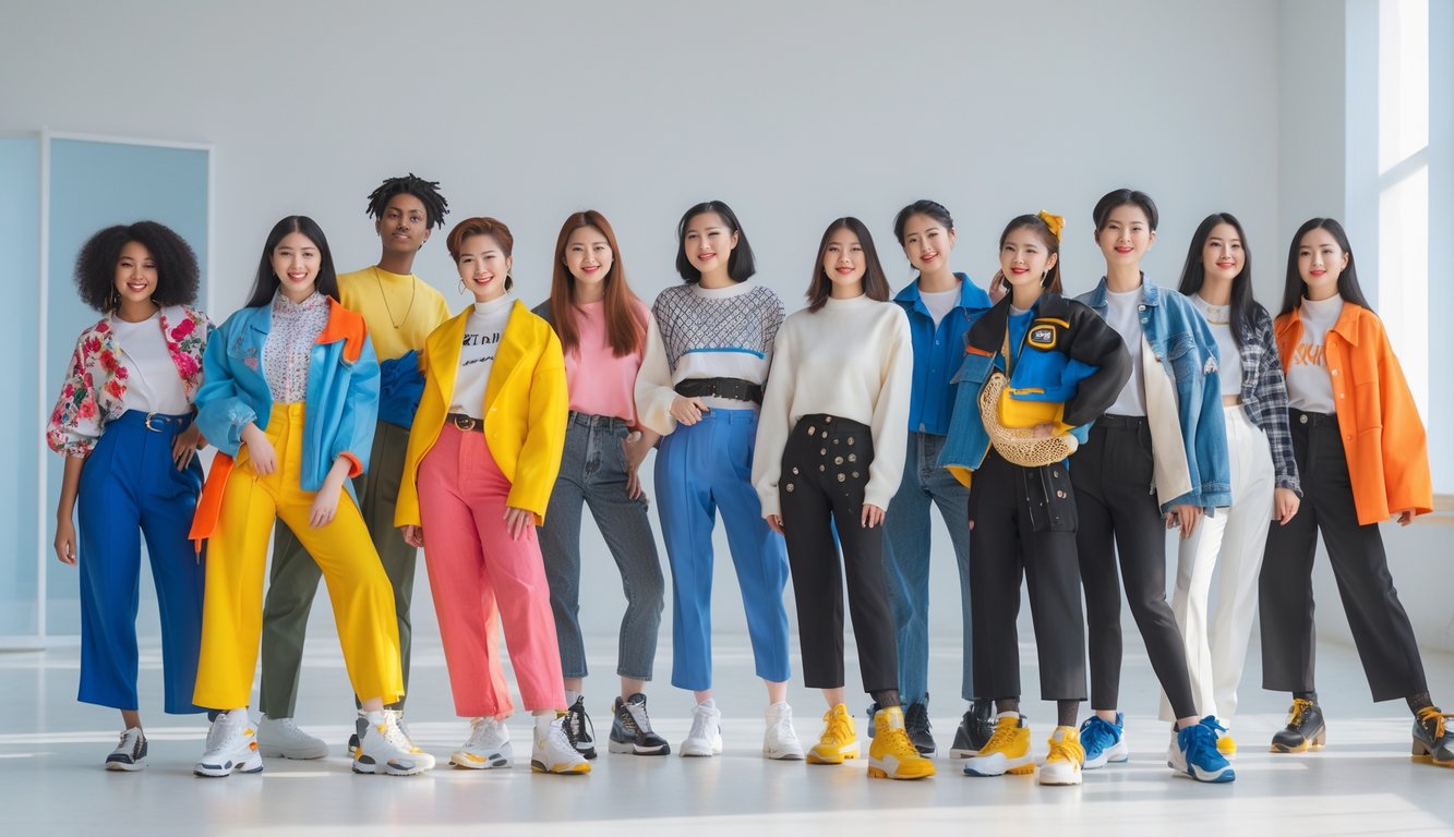 Sekelompok orang muda mengenakan berbagai pakaian modis dan berwarna-warni sedang berpose bersama di sebuah studio dengan latar belakang bersih.