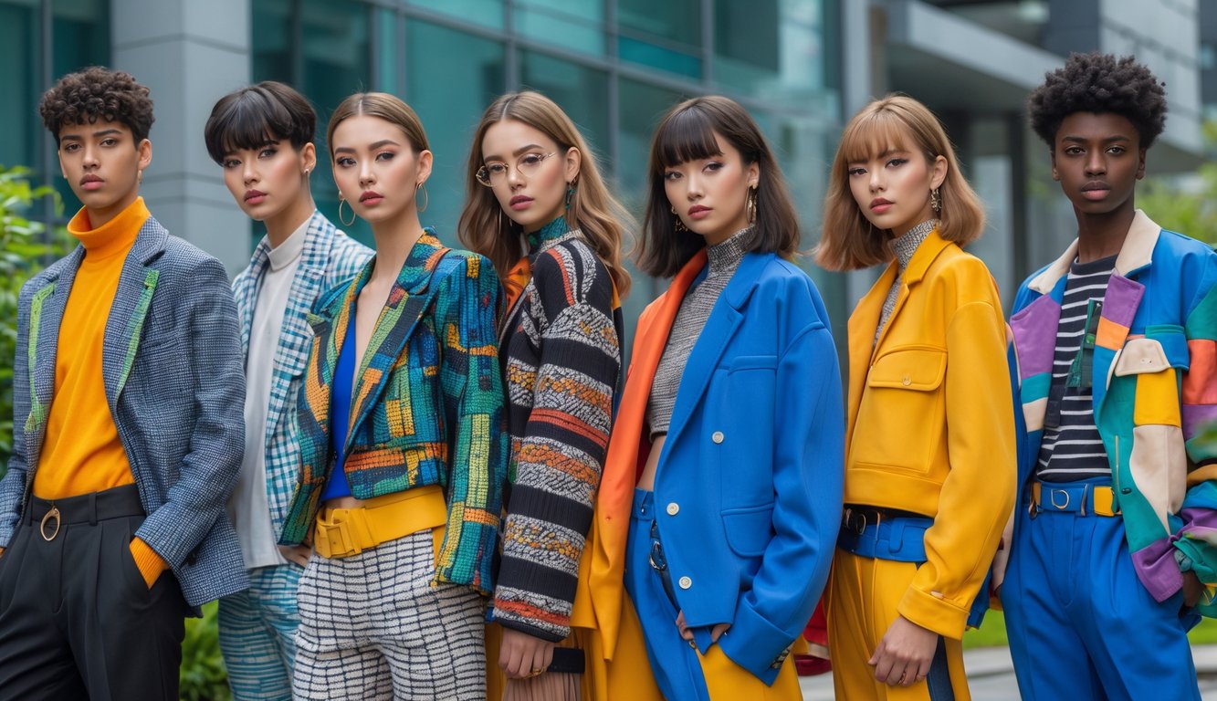 Sekelompok orang muda mengenakan berbagai pakaian modis dengan kombinasi warna dan gaya di latar kota modern.