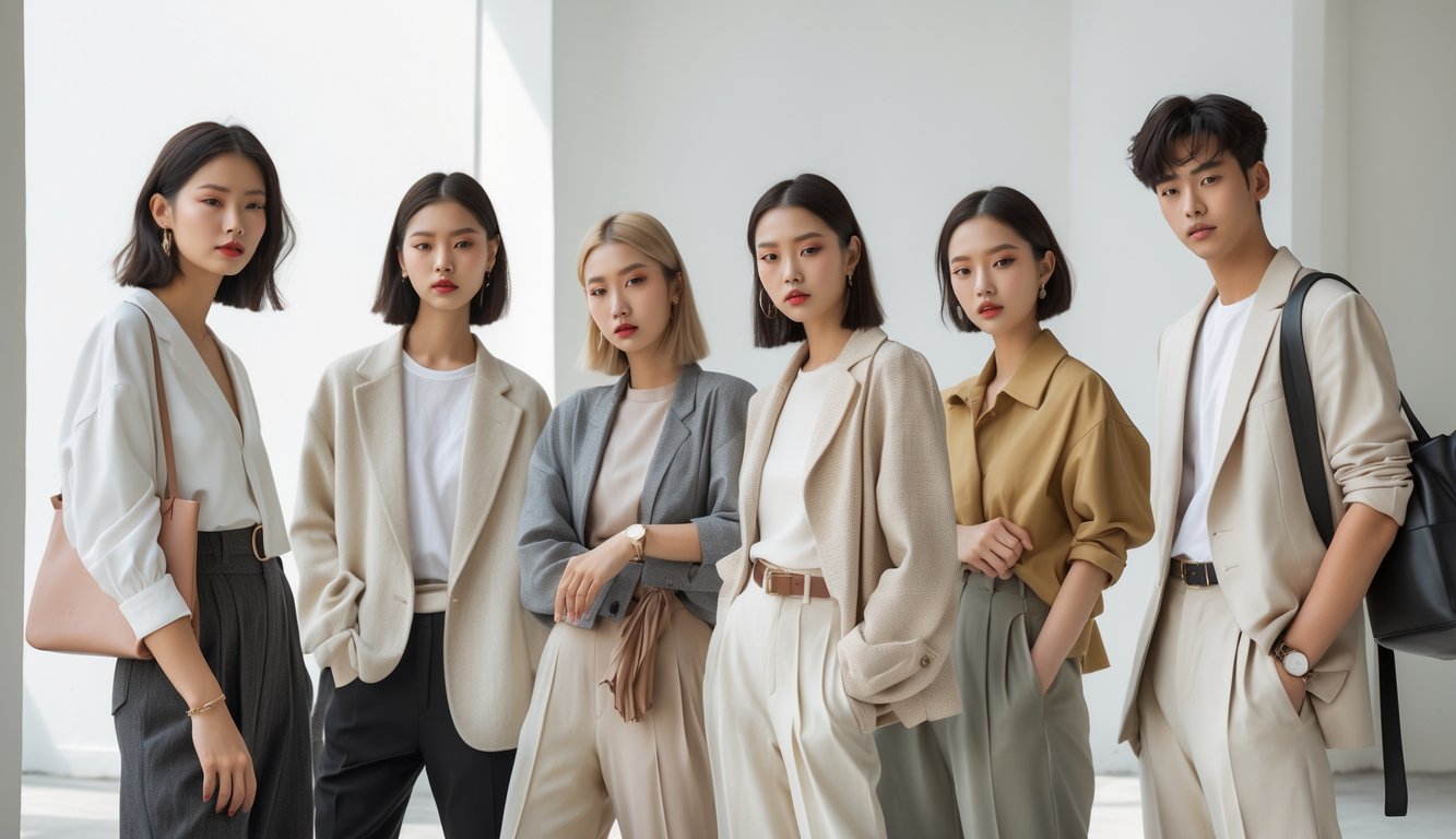 Sekelompok orang muda berdiri di lingkungan perkotaan dengan pakaian modern dan rapi, menampilkan berbagai gaya pakaian.