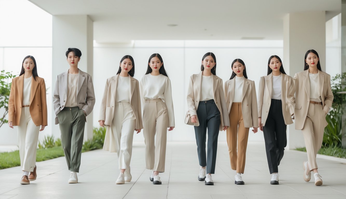 Sekelompok orang muda berdiri dan berjalan di lingkungan perkotaan dengan pakaian kasual dan rapi.