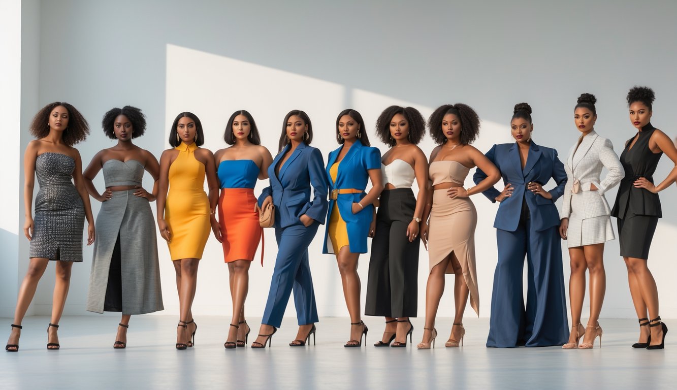 Sekelompok orang dengan berbagai bentuk tubuh mengenakan pakaian modis dan berpose bersama di studio dengan latar belakang bersih.