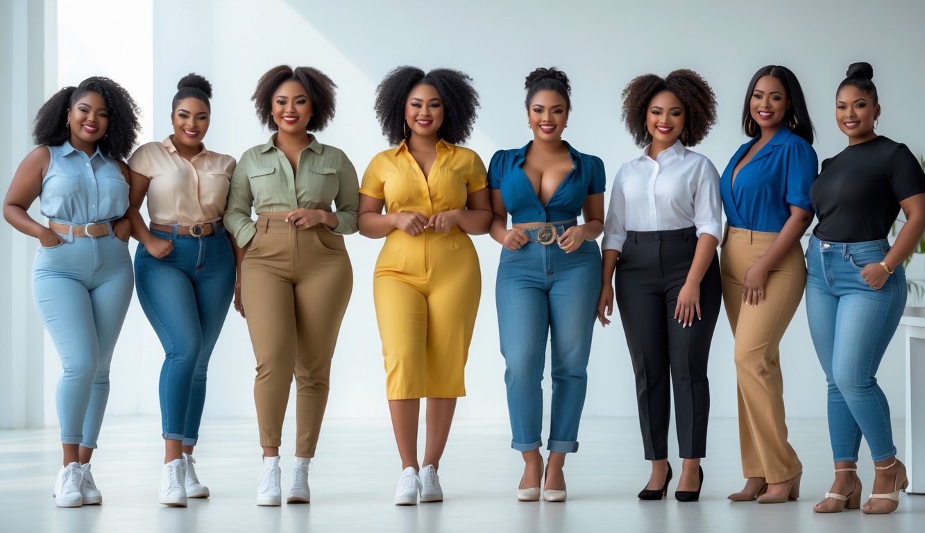 Sekelompok orang dengan berbagai bentuk tubuh sedang memakai pakaian yang sesuai dan bergaya, berdiri di studio dengan latar belakang bersih.