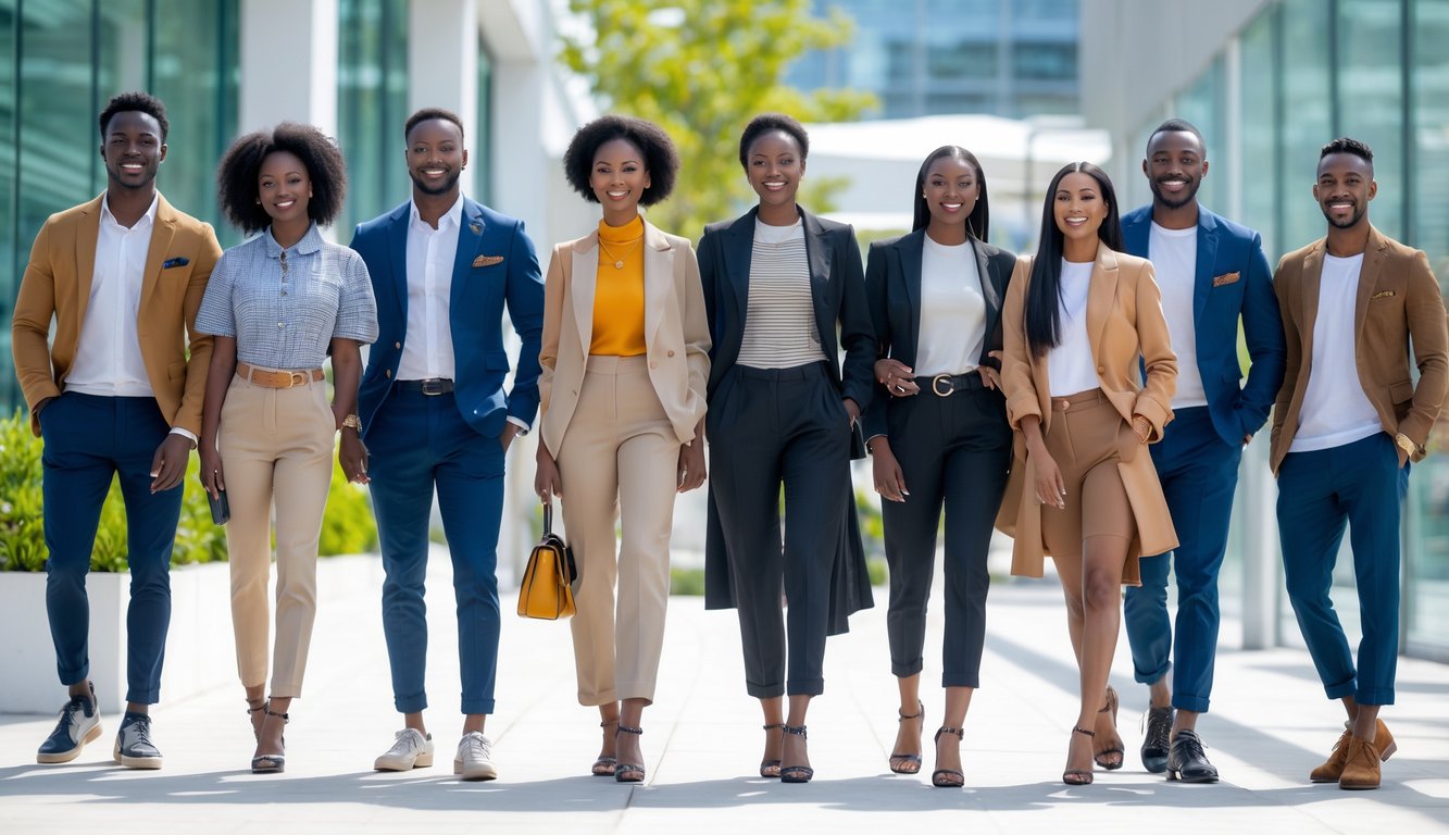 Sekelompok pria dan wanita dengan berbagai pakaian modis dan percaya diri di lingkungan perkotaan yang cerah.