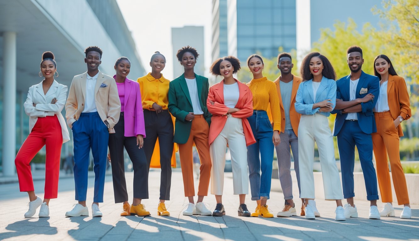 Sekelompok orang muda berpakaian modis berdiri di kota dengan latar gedung modern dan pepohonan, menunjukkan rasa percaya diri.