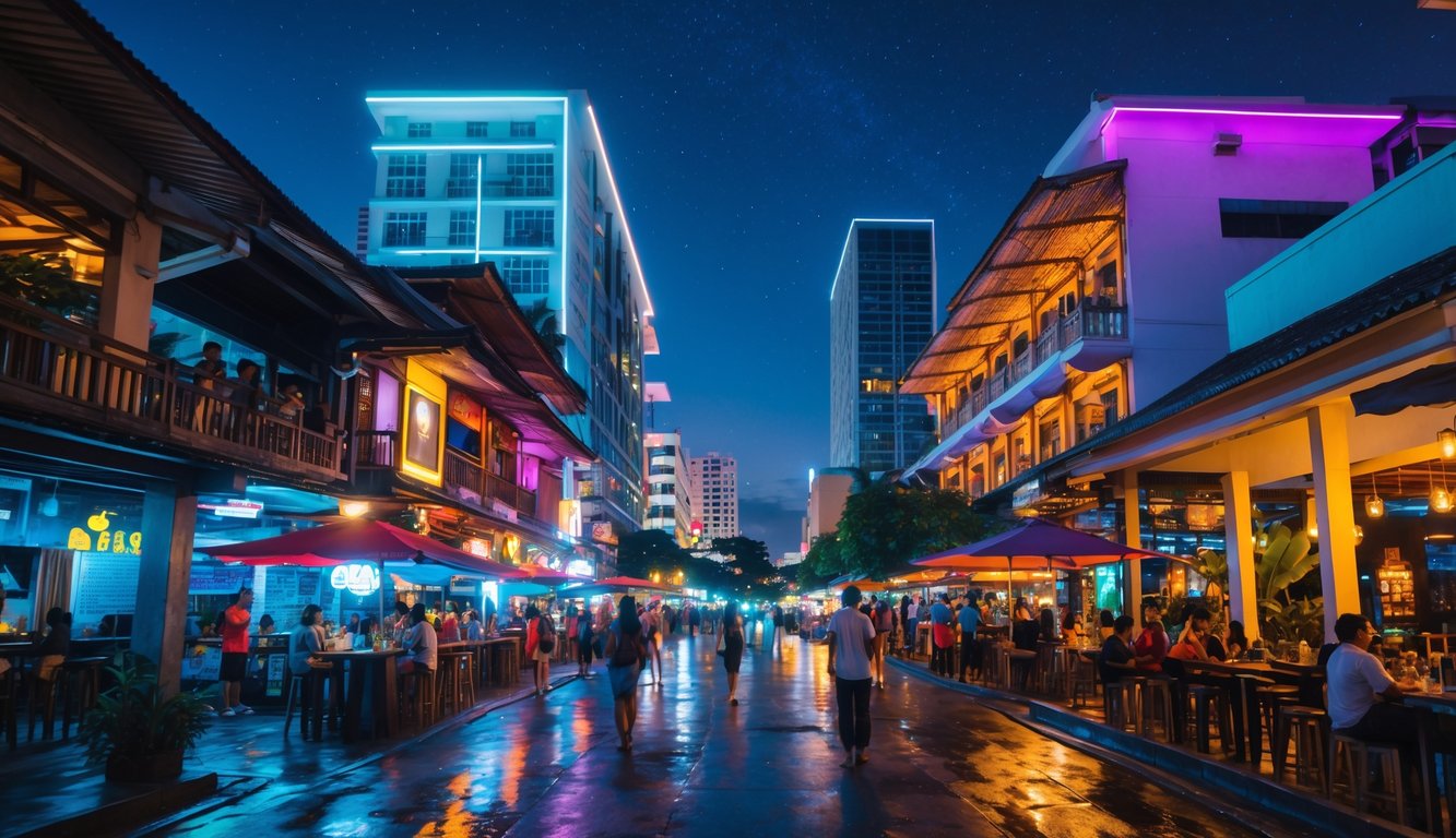 Pemandangan malam kota Indonesia yang ramai dengan lampu warna-warni, orang-orang menikmati kafe luar ruangan dan penjual makanan jalanan.