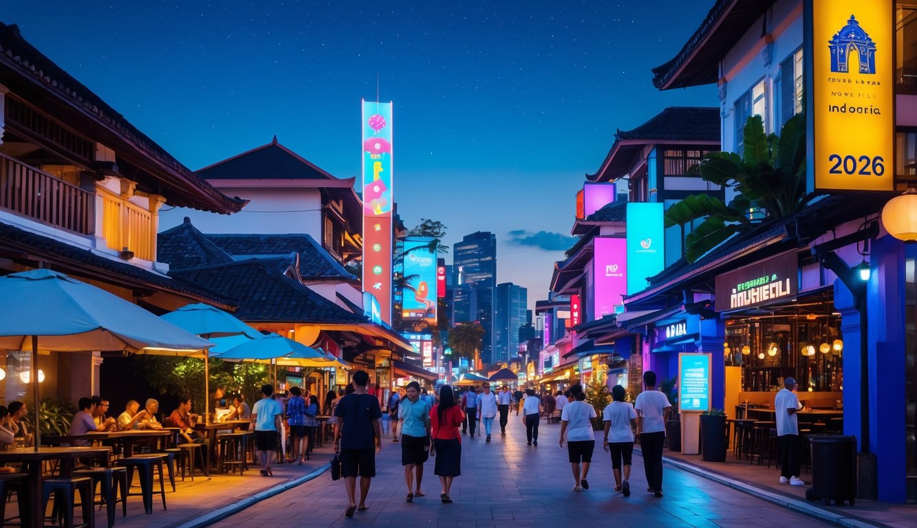 Pemandangan malam kota Indonesia yang ramai dengan orang-orang menikmati hiburan malam di kafe dan klub.