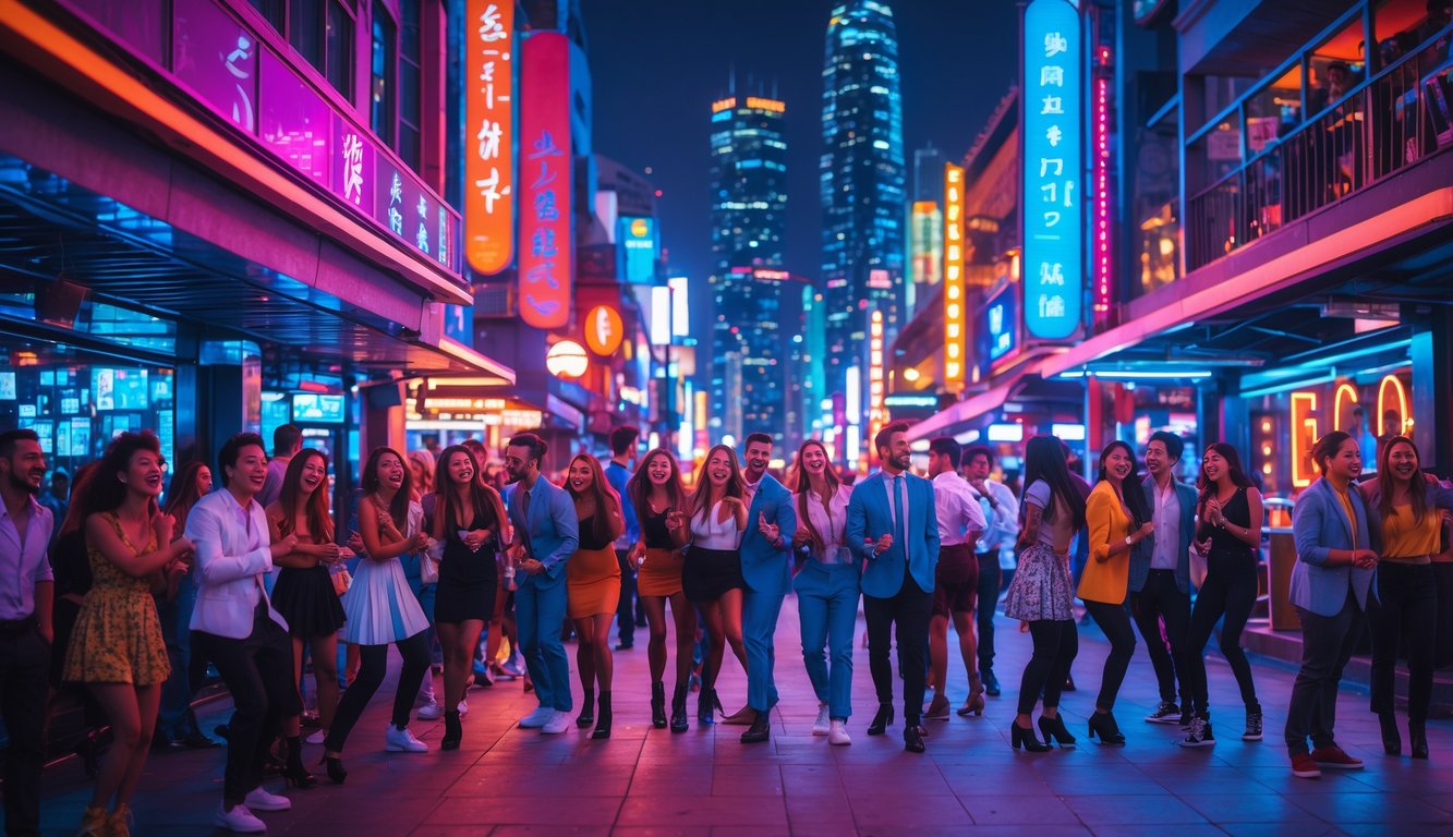 Suasana malam yang ramai dengan orang-orang menikmati hiburan di jalan kota yang diterangi lampu warna-warni dan gedung pencakar langit di latar belakang.