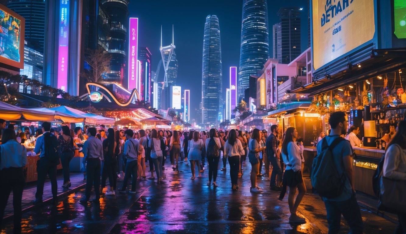 Pemandangan malam hari yang ramai dengan orang-orang menikmati hiburan di berbagai tempat seperti bar, klub, dan stan makanan di kota besar.