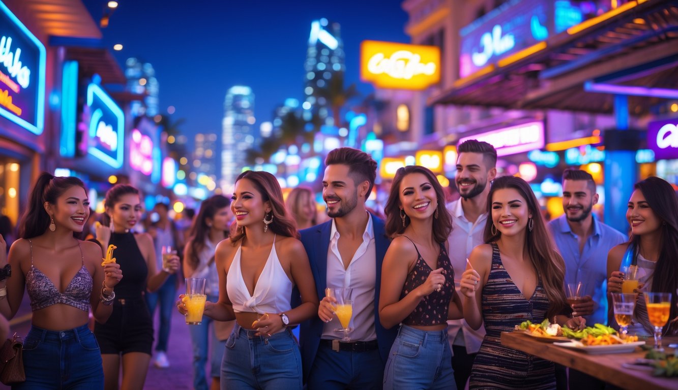 Suasana malam kota yang hidup dengan orang-orang menikmati hiburan malam di bar dan kafe yang terang dengan lampu neon.