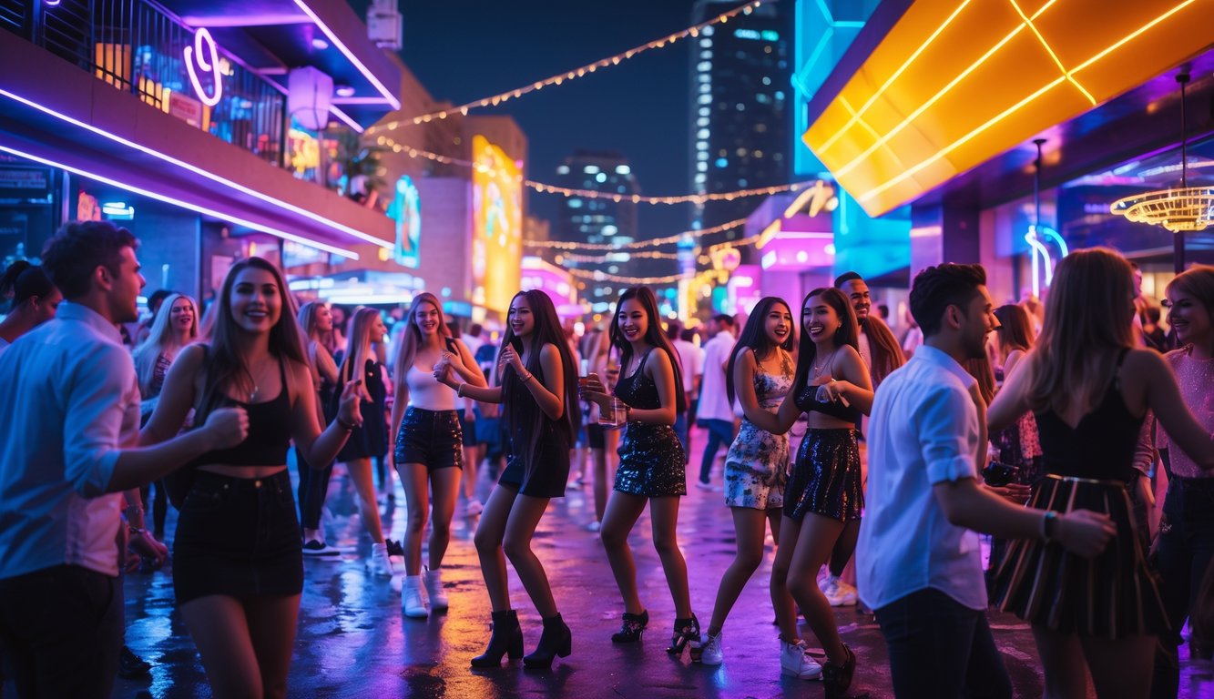 Kerumunan anak muda sedang berpesta di malam hari dengan lampu neon berwarna-warni dan latar kota yang terang.