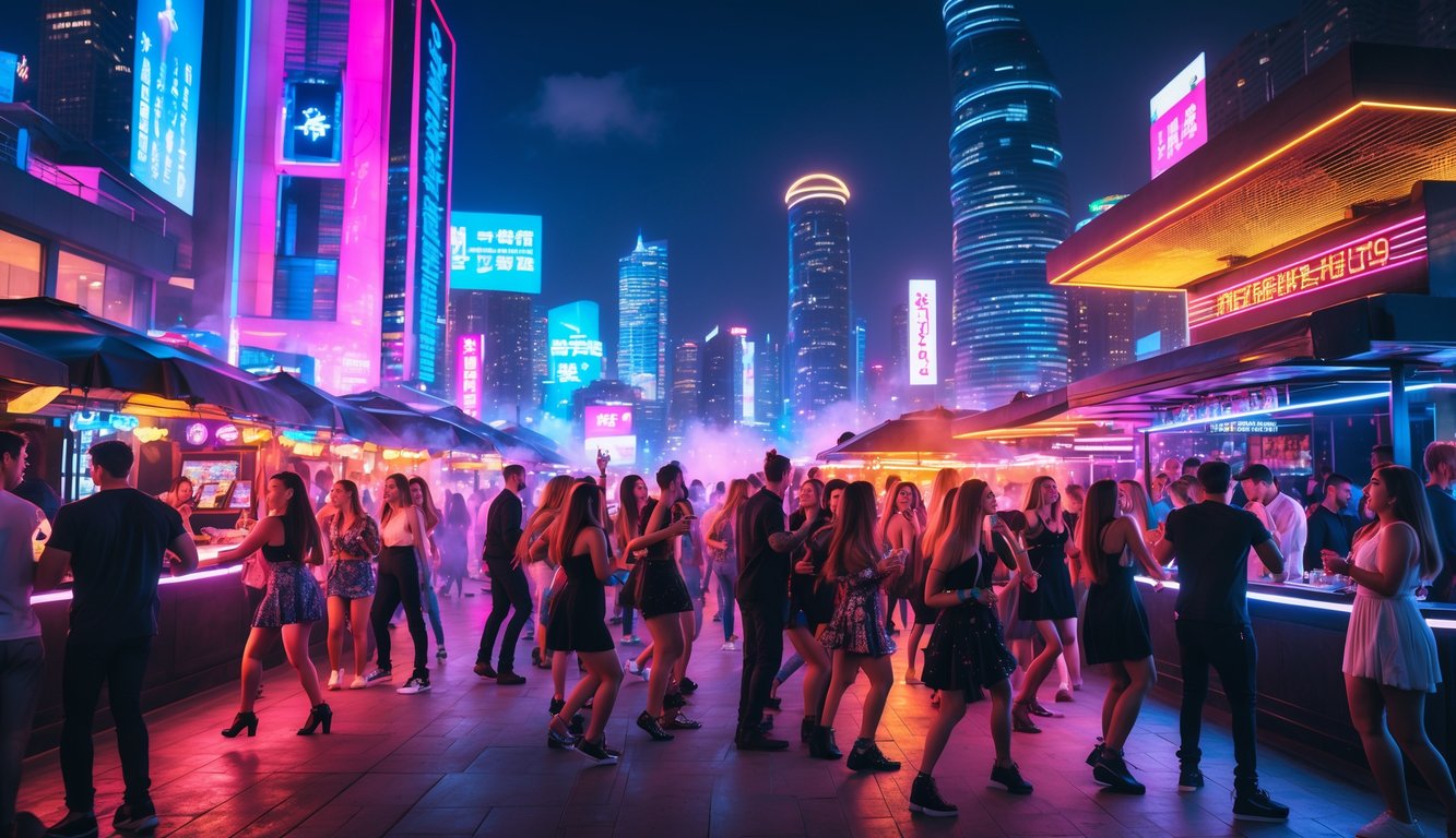 Sekelompok anak muda sedang menikmati hiburan malam di kota dengan lampu warna-warni dan suasana pesta yang meriah.