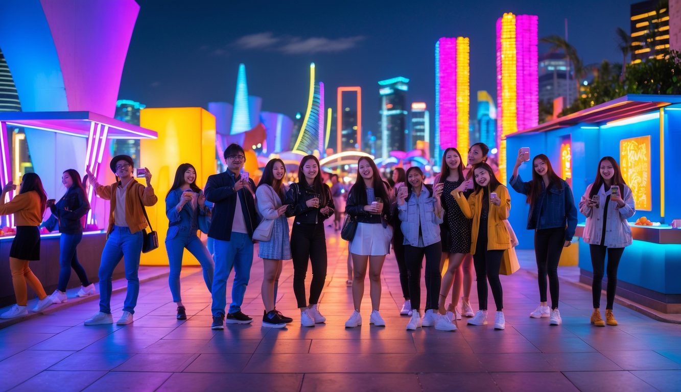 Suasana malam yang ramai di tempat hiburan dengan lampu warna-warni dan orang-orang berfoto di spot menarik.