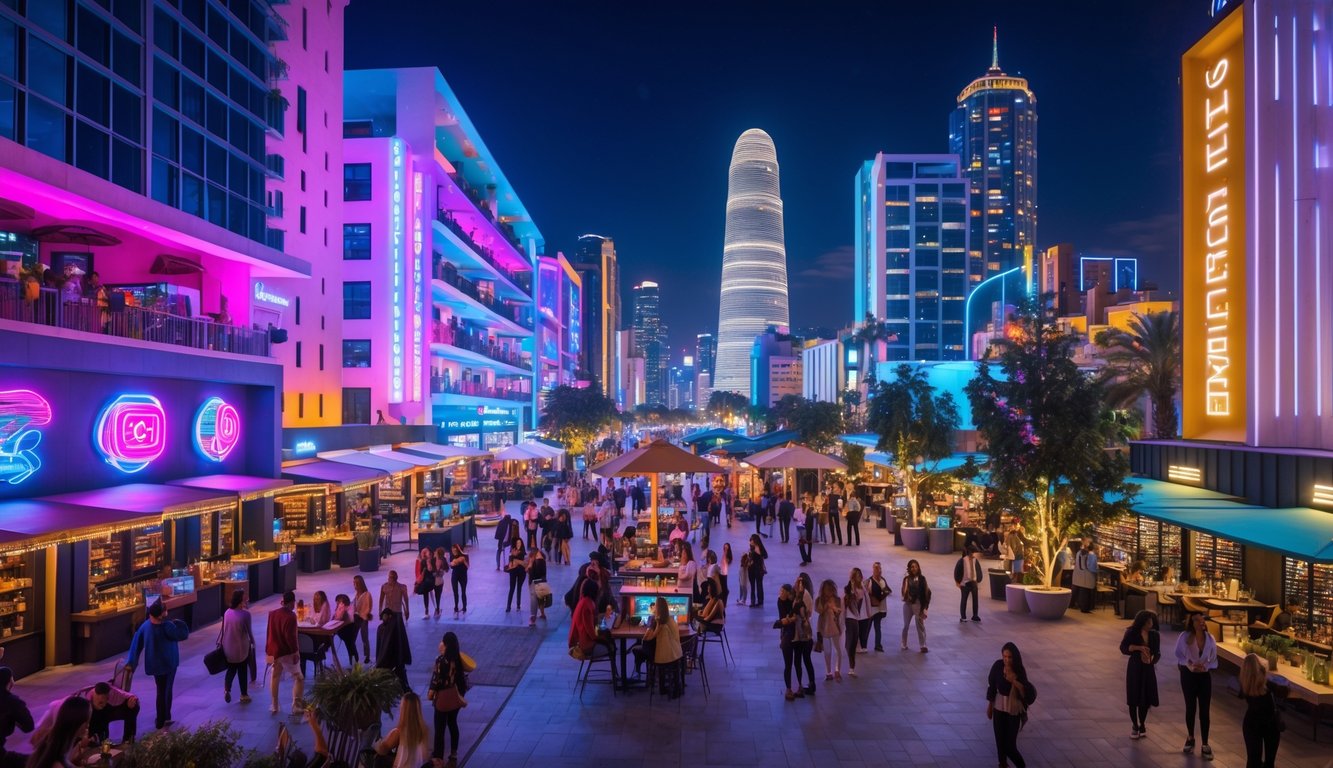 Pemandangan malam kota yang ramai dengan gedung-gedung bercahaya warna-warni, orang-orang menikmati hiburan malam, kafe dan bar outdoor, serta spot foto menarik.