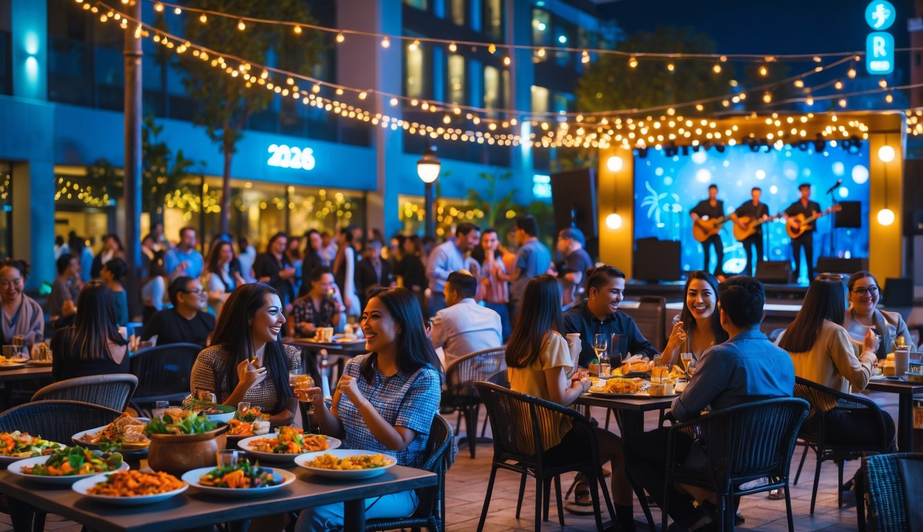 Suasana malam yang ramai dengan orang-orang menikmati makanan dan minuman di luar ruangan, sementara sebuah band sedang tampil di panggung dengan penonton yang menari dan bertepuk tangan.