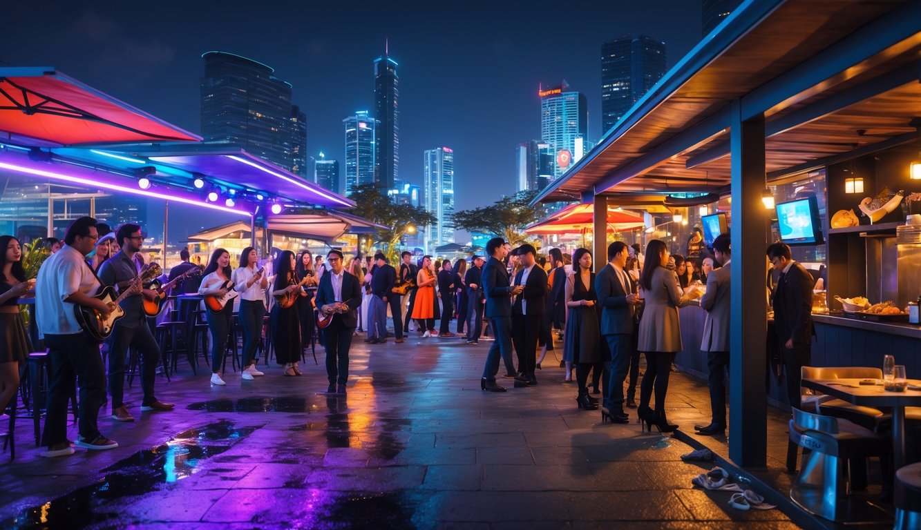 Suasana malam yang ramai dengan orang-orang menikmati musik live dan berbagai makanan di sebuah tempat hiburan outdoor di kota.