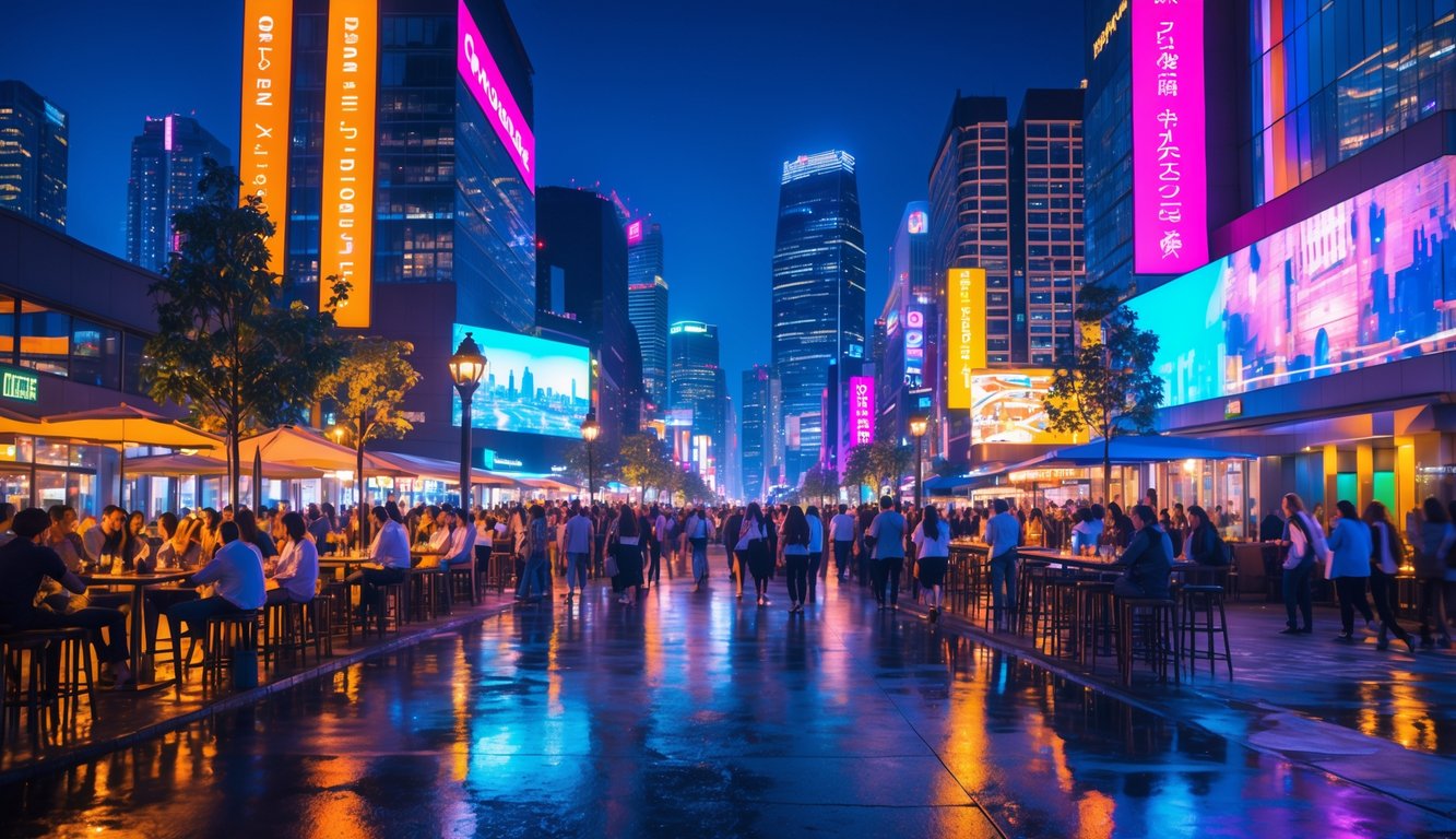 Pemandangan malam kota yang ramai dengan banyak orang menikmati hiburan dan suasana kota yang hidup.
