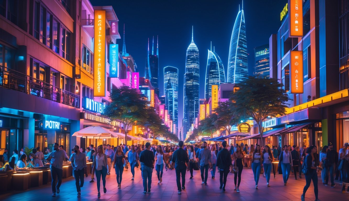 Pemandangan kota yang ramai dan hidup di malam hari dengan orang-orang menikmati hiburan malam di jalan yang terang dan penuh warna.