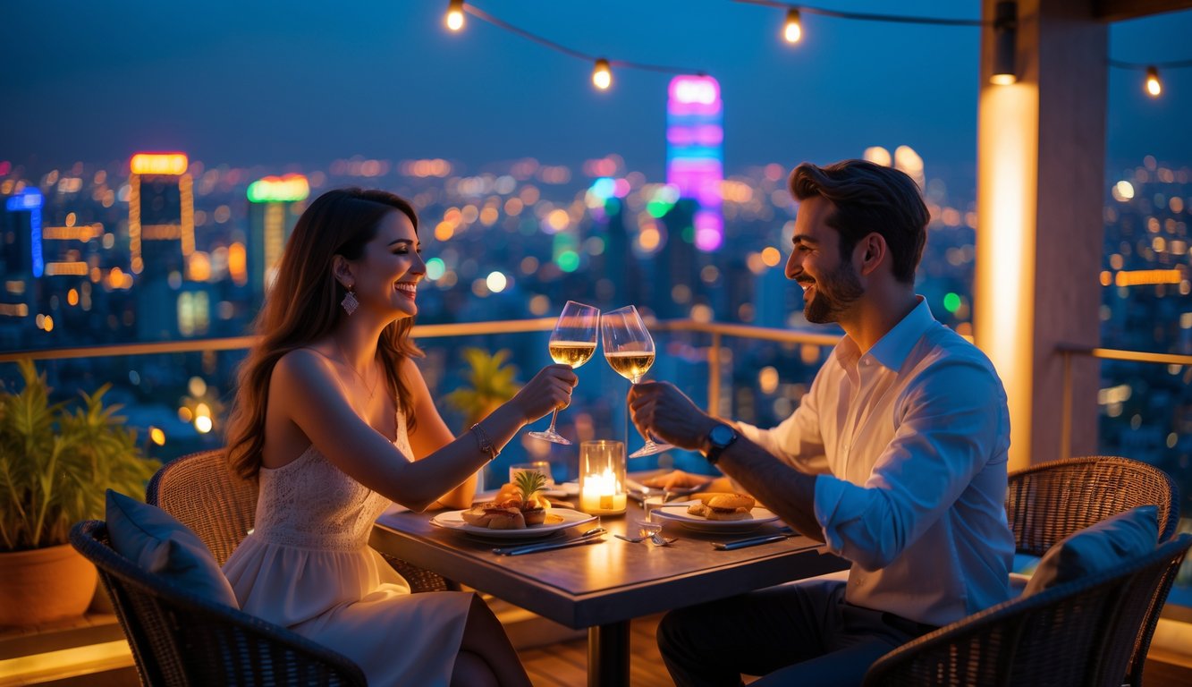 Pasangan menikmati makan malam romantis di restoran atap dengan pemandangan kota yang terang di malam hari.