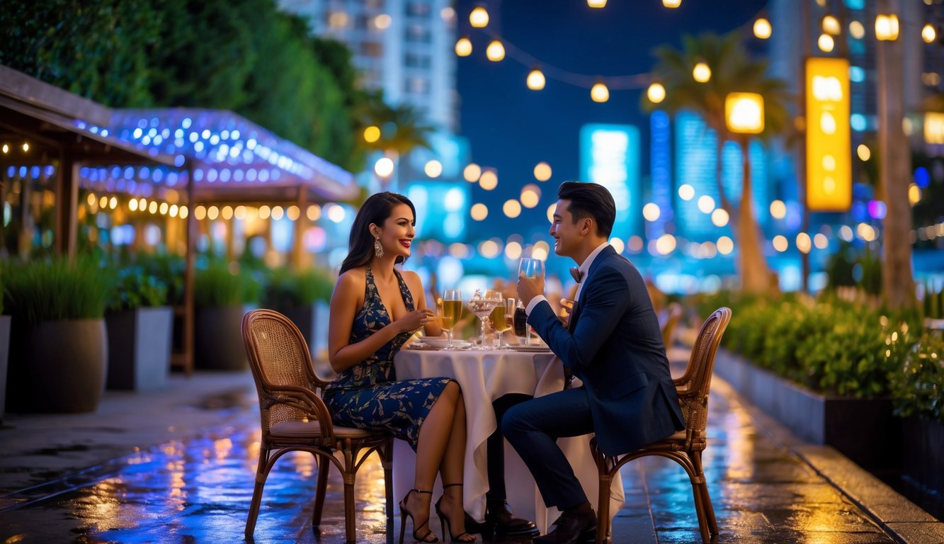 Pasangan menikmati suasana malam yang romantis di luar ruangan dengan lampu kota yang terang dan dekorasi meja yang indah.