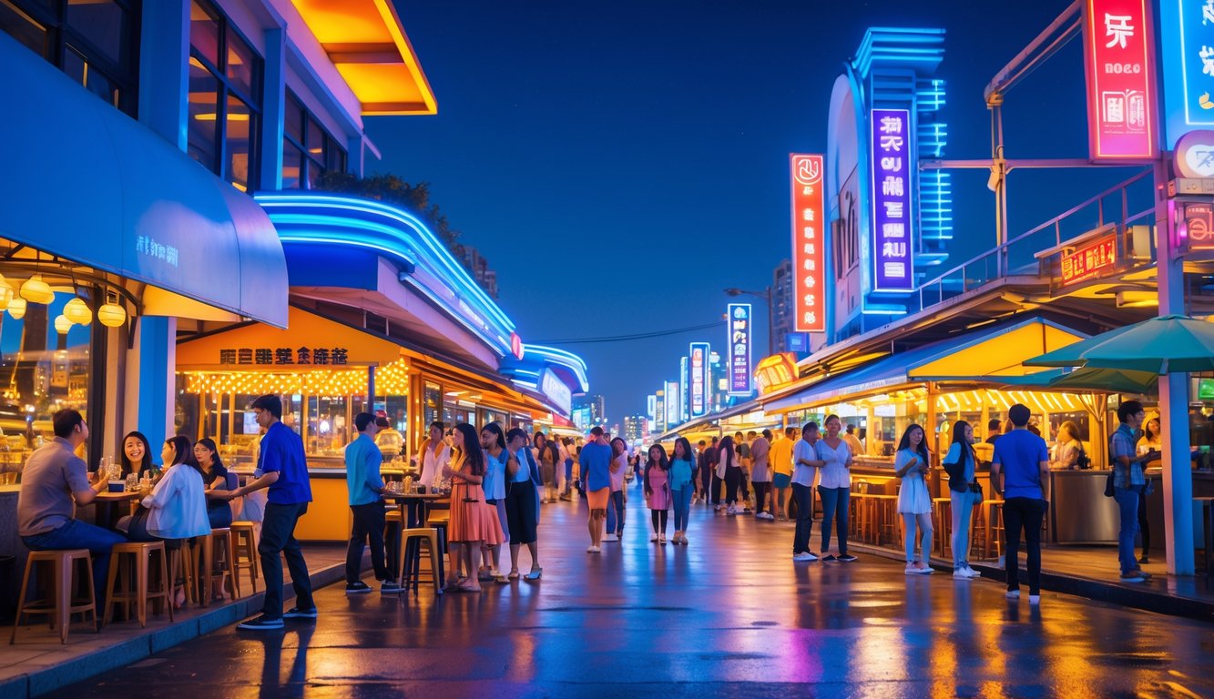 Suasana malam yang ramai dengan lampu neon berwarna-warni dan orang-orang menikmati hiburan di jalan kota.