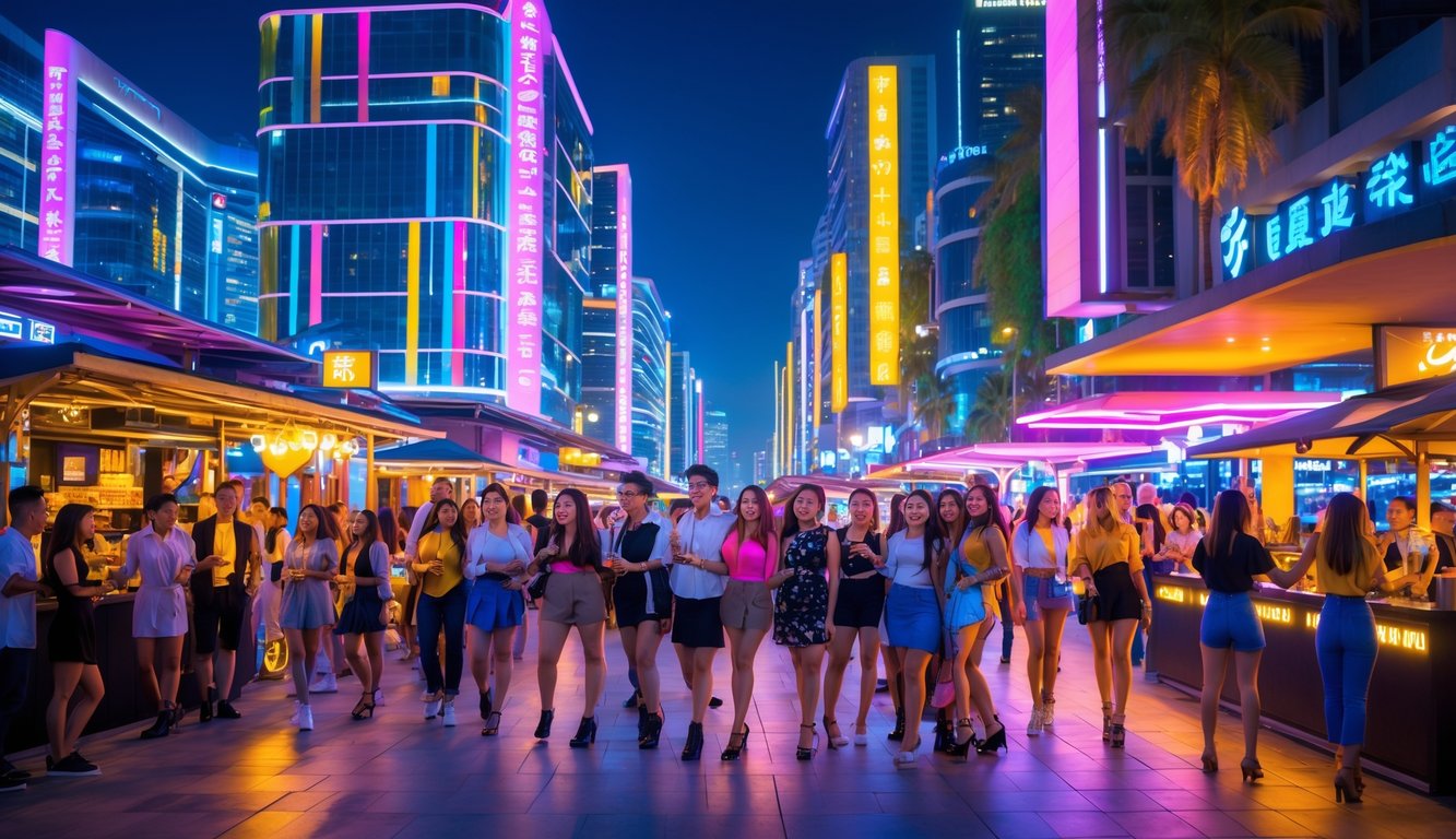 Pemandangan kota malam yang ramai dengan orang-orang menikmati hiburan malam di berbagai tempat seperti klub dan kafe.