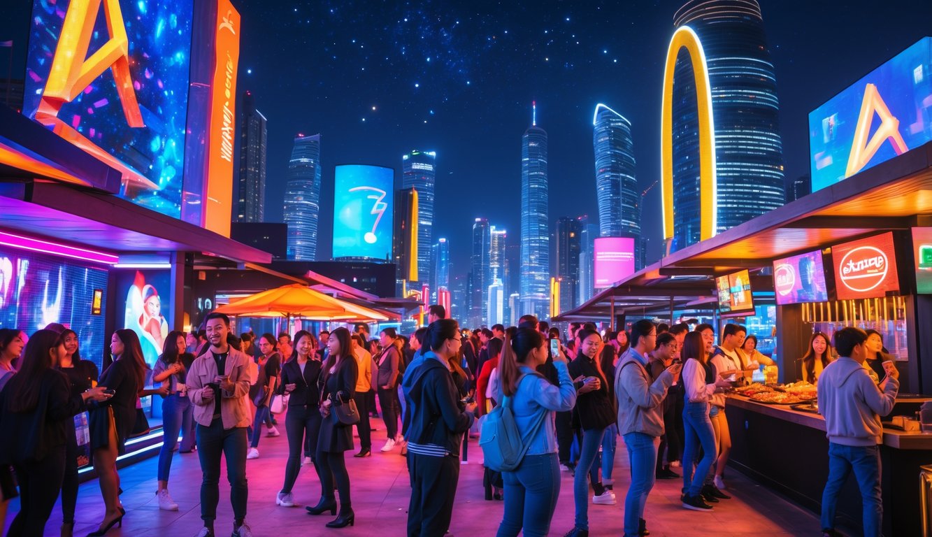 Suasana malam di pusat hiburan kota yang ramai dengan orang-orang menikmati bar atap, pertunjukan jalanan, dan stan makanan, dengan latar gedung pencakar langit bercahaya.