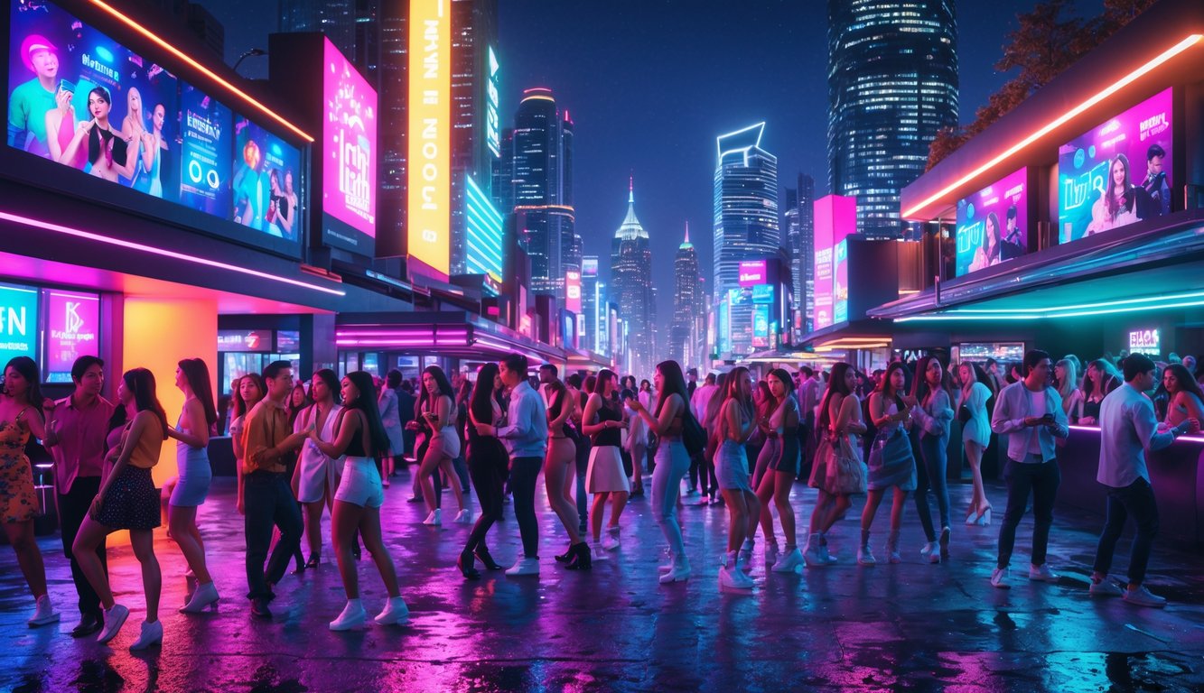 Suasana malam hari yang ramai di kota dengan orang-orang muda sedang menikmati hiburan di klub dan bar dengan lampu neon berwarna-warni.