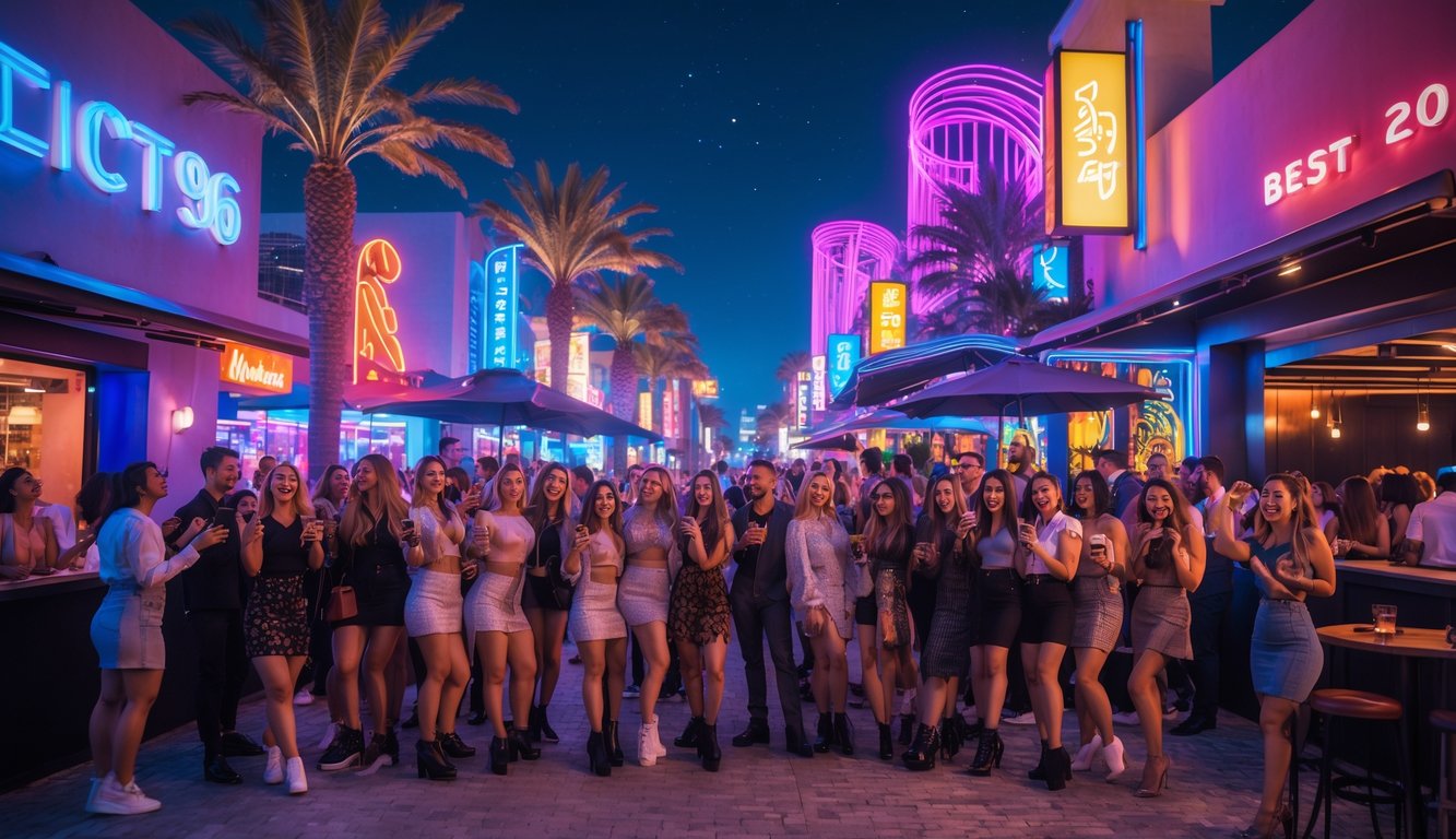 Suasana malam di kota dengan orang-orang menikmati hiburan malam di luar klub dan bar yang terang dengan lampu neon warna-warni.