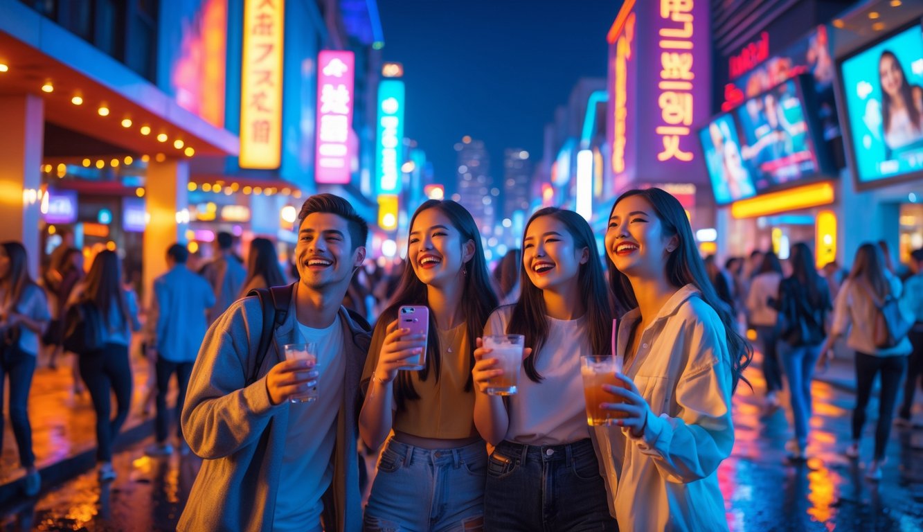 Sekelompok teman sedang bersenang-senang di kawasan hiburan malam yang ramai dan terang di kota pada malam hari.