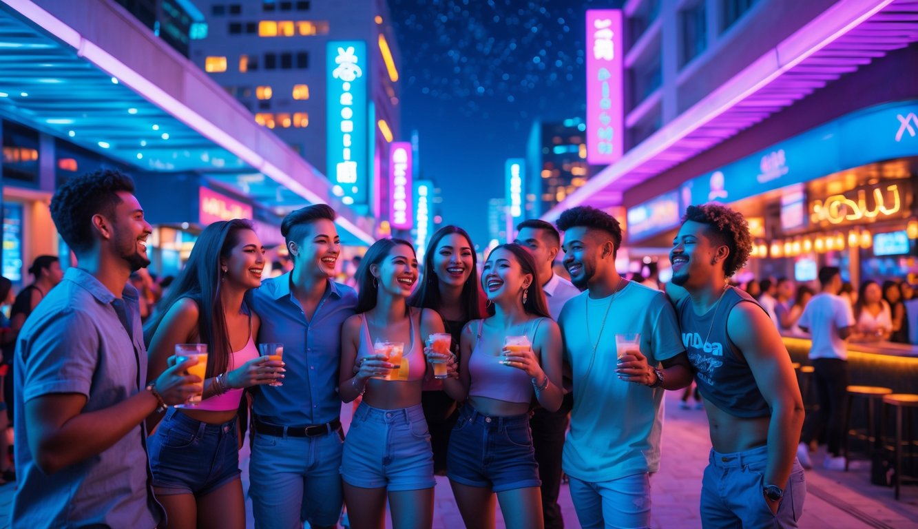 Sekelompok teman sedang bersenang-senang di kawasan hiburan malam yang ramai dengan lampu neon warna-warni dan gedung-gedung tinggi di malam hari.