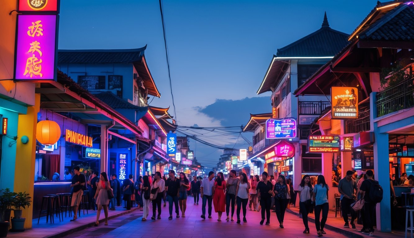 Pemandangan malam yang ramai dengan orang-orang menikmati hiburan di jalan kota Indonesia yang penuh lampu warna-warni dan gedung modern.