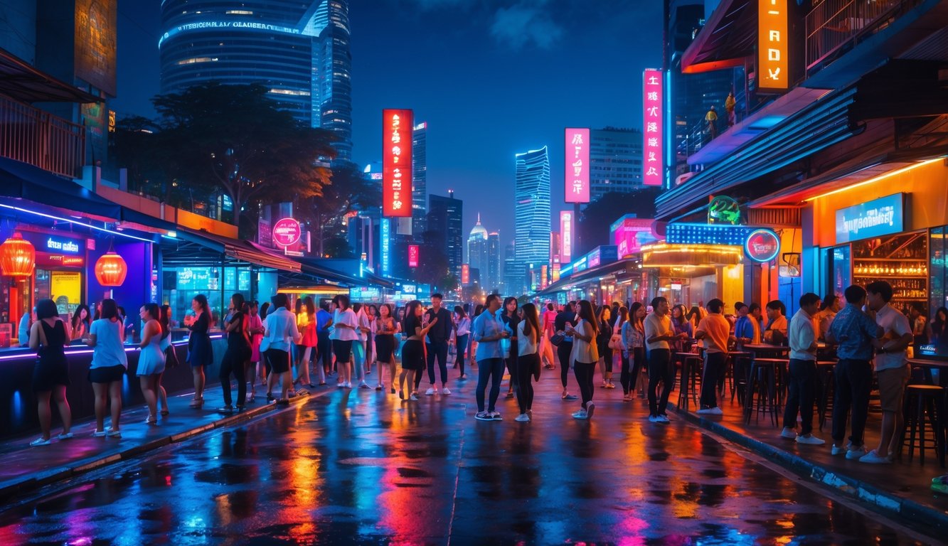 Pemandangan malam kota dengan tempat hiburan malam yang ramai dan orang-orang menikmati suasana di luar ruangan.