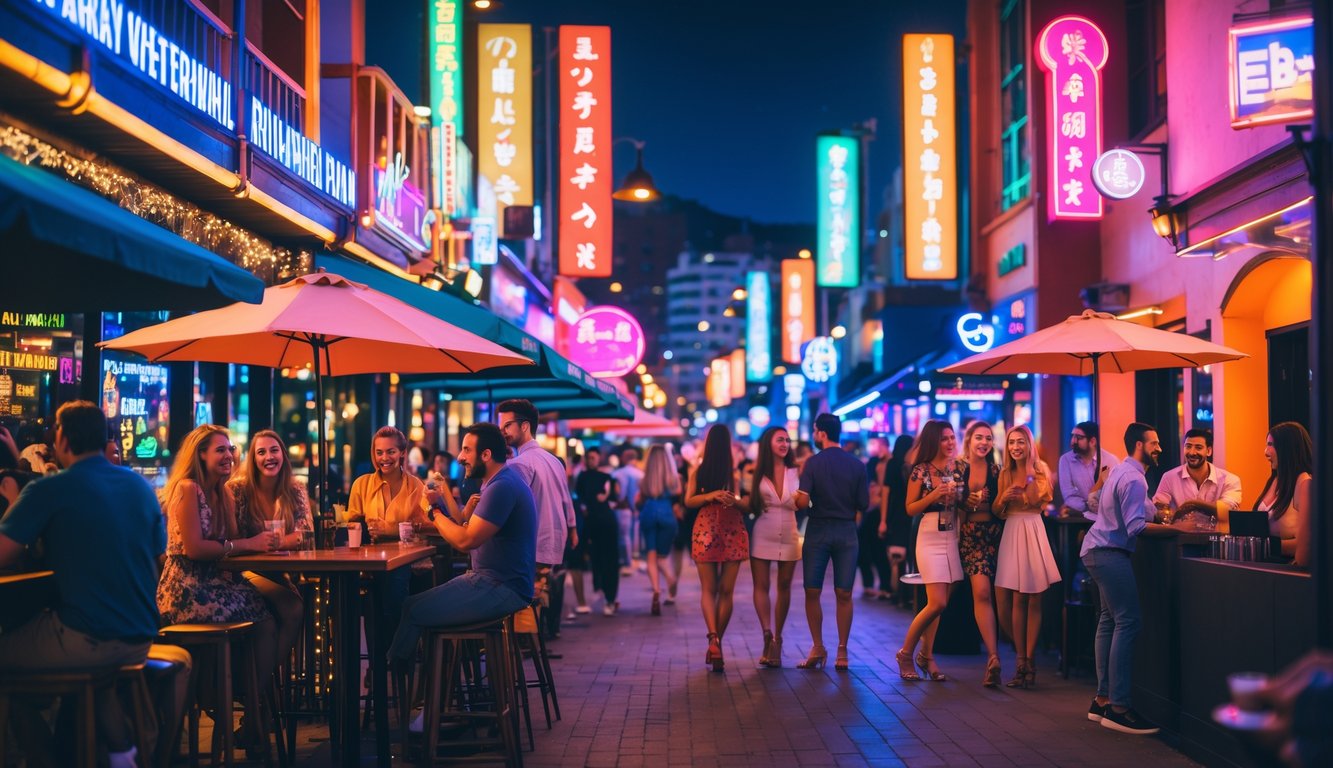 Suasana malam yang ramai di kawasan hiburan dengan lampu neon dan orang-orang menikmati waktu bersama di kafe dan klub.