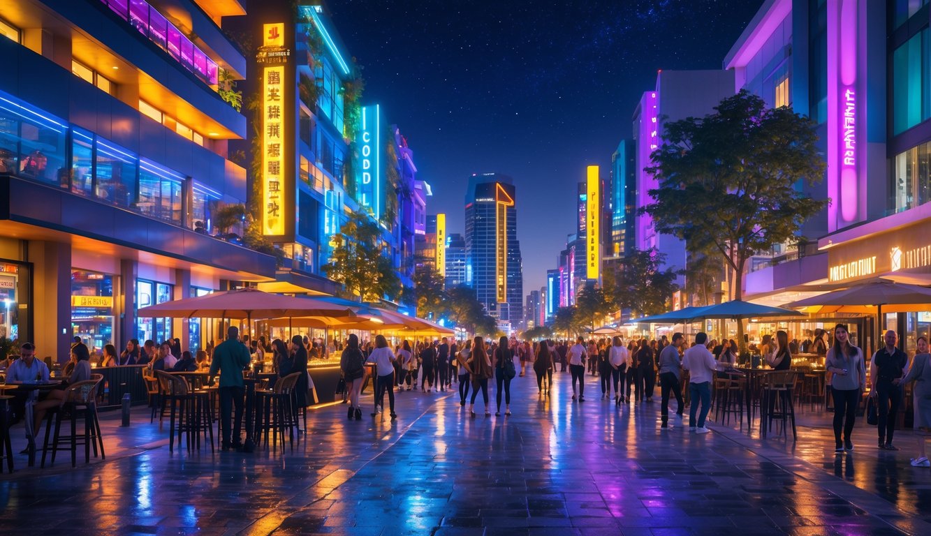 Pemandangan malam kota yang ramai dengan gedung bercahaya warna-warni dan orang-orang menikmati hiburan malam di luar ruangan.