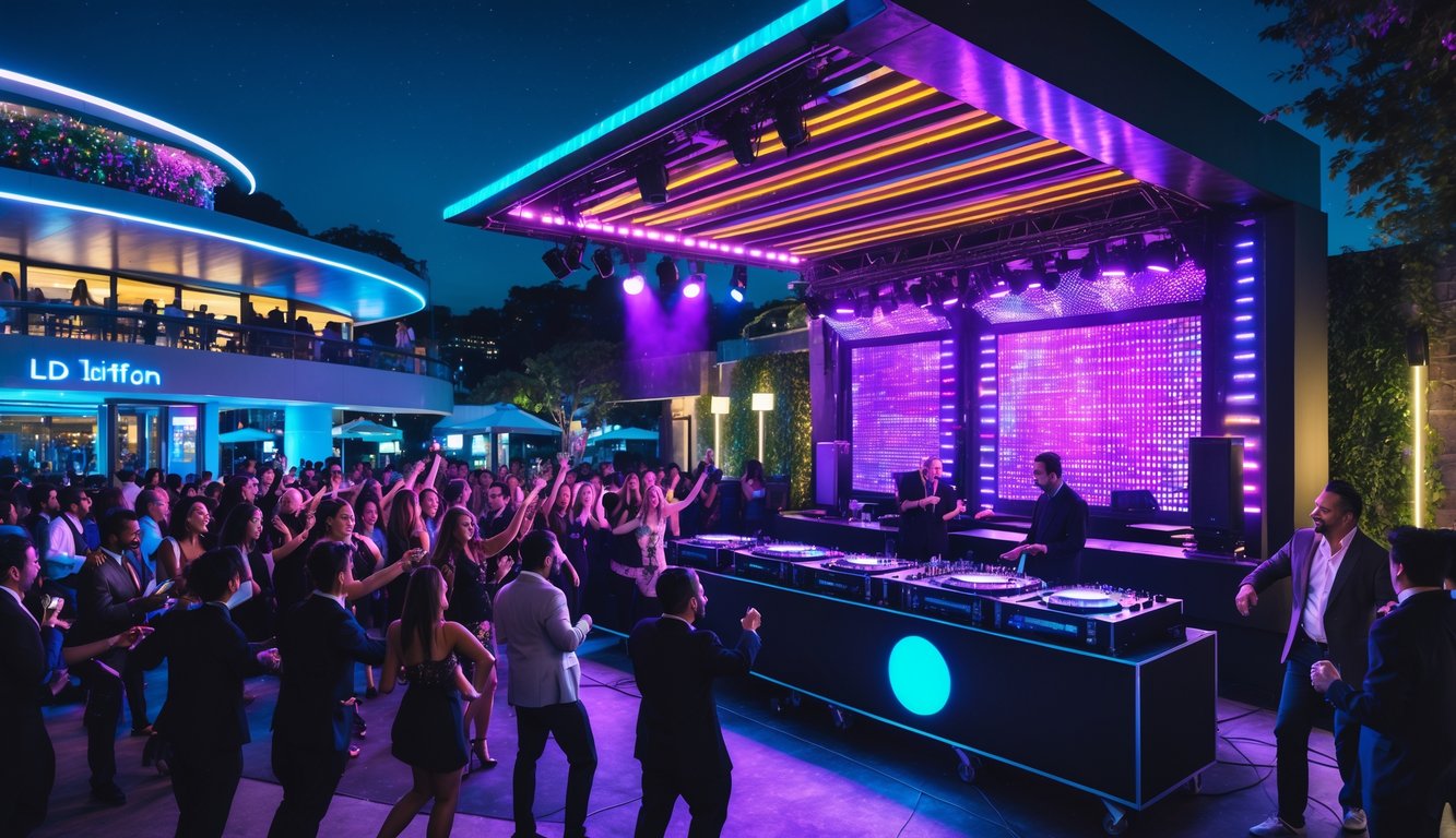 Suasana malam di tempat hiburan dengan panggung musik live dan DJ internasional, orang-orang menari dan bersenang-senang.