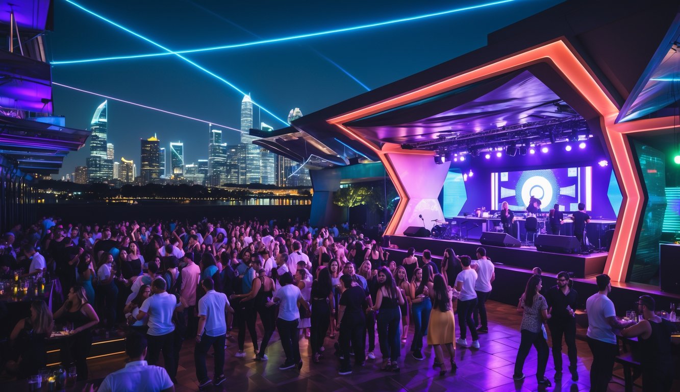 Suasana malam hari di tempat hiburan malam dengan DJ internasional tampil di panggung dan orang-orang menari serta bersosialisasi di area klub outdoor yang terang dan ramai.