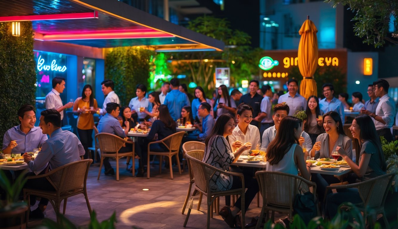 Suasana malam di tempat hiburan dengan orang-orang menikmati makan dan nongkrong santai di area luar ruangan yang nyaman dan terang.