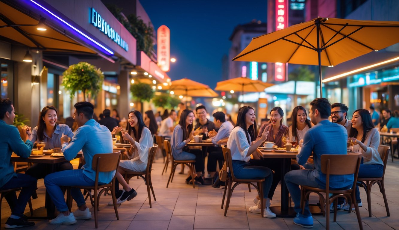 Orang-orang menikmati makanan dan bersantai di tempat hiburan malam yang ramai dengan lampu hangat dan suasana kota di malam hari.
