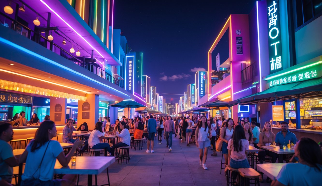 Suasana hiburan malam yang ramai dengan lampu neon berwarna-warni, orang-orang menikmati acara dengan fasilitas lengkap di area perkotaan.