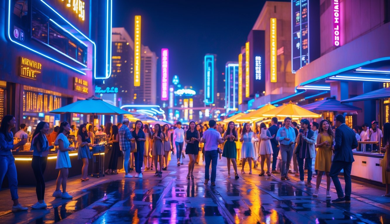 Pemandangan malam kota yang ramai dengan tempat hiburan dan orang-orang yang menikmati suasana malam.